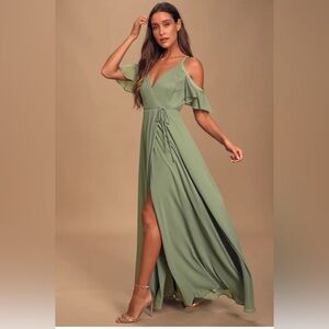 Lulus easy Listening Sage Green Cold-Shoulder Wrap Maxi Dress